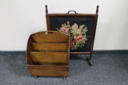 A pine framed tapestry fire screen together with a mid century magazine rack