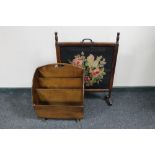 A pine framed tapestry fire screen together with a mid century magazine rack