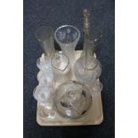 A tray of Victorian etched glass water jug, pressed glass and lead crystal vases, glass cake dish,
