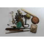 A box of collectables including silver vesta, clock keys, knife rest,