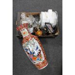 A box of oriental vases, collector's plates, glass ware,