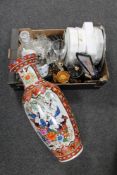 A box of oriental vases, collector's plates, glass ware,