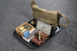 A tray of fishing bag of fishing accessories, miniature brass wheel, mantel clock, vintage camera,