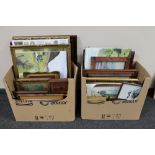 Two boxes of framed pictures, prints, oils on canvas, battery operated clock,
