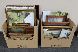 Two boxes of framed pictures, prints, oils on canvas, battery operated clock,