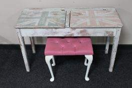 A mid 20th century painted shabby chic double child's desk and a pink upholstered stool