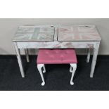 A mid 20th century painted shabby chic double child's desk and a pink upholstered stool