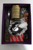A box of collectables including ashtray, table and pocket lighters,