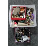 A crate of costume jewellery, paint brushes,