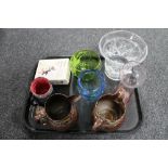 A tray of antique and later glass ware, two copper lustre jugs,