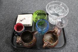 A tray of antique and later glass ware, two copper lustre jugs,