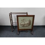 A Victorian inlaid mahogany towel rail together with a mahogany fire screen depicting two goats