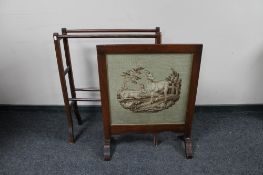 A Victorian inlaid mahogany towel rail together with a mahogany fire screen depicting two goats