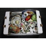 A box of china, lidded trinket boxes, wall and cabinet plates,