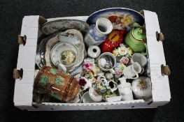 A box of china, lidded trinket boxes, wall and cabinet plates,