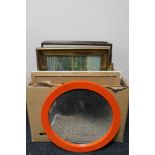 A box of continental pictures and prints, circular mirror,