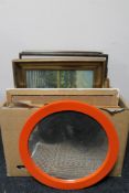 A box of continental pictures and prints, circular mirror,