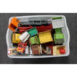 A box of mid century die cast and tin plated vehicles, Tonka Trucks, Corgi horse box,