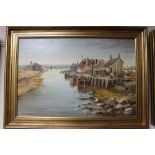 A gilt framed Denys Garle oil on canvas, Fishing village by an inlet,