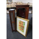 Two gilt framed prints together with a contemporary CD rack and mahogany corner display cabinet