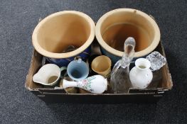 A box of two glazed planters, two glass decanters,