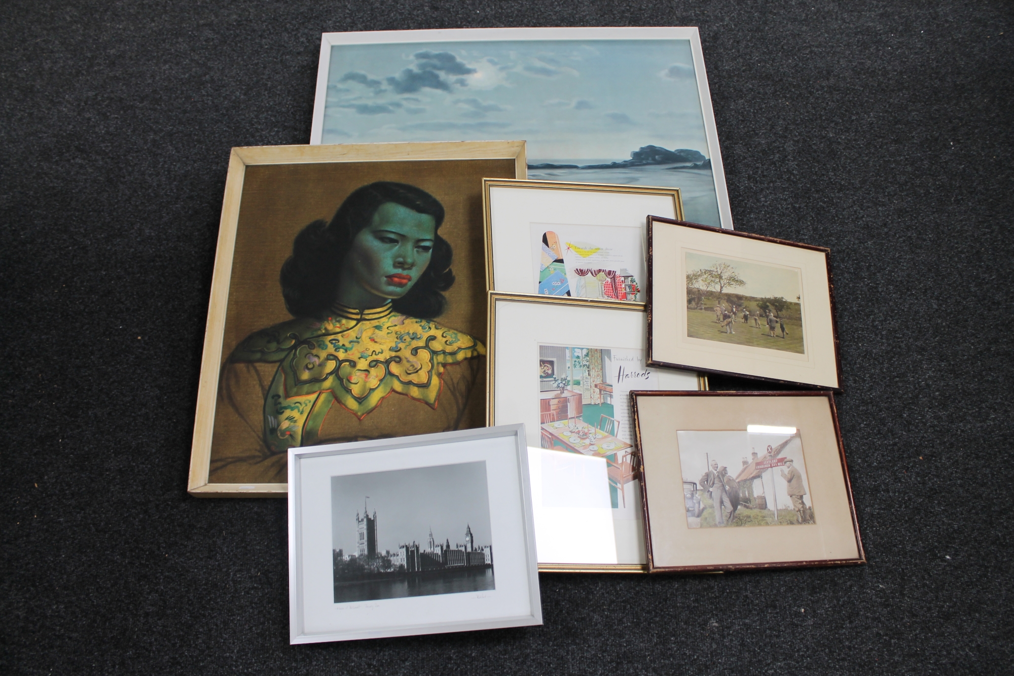 A mid 20th century oriental portrait on board by Tretchsko together with four other framed pictures
