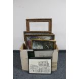 A box of assorted frames pictures, prints, oil, mahogany framed mirror,