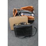 A box of assorted bags, leather handbags, holdall,