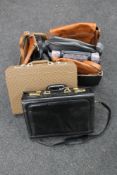 A box of assorted bags, leather handbags, holdall,