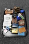 A tray of assorted collectables, miniature brass miners lamp, costume jewellery, first day covers,