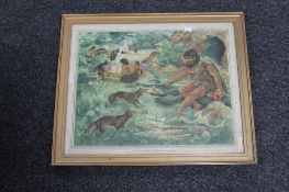 A gilt framed antiquarian print - Cave man making friends with a wolf