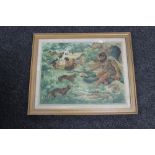 A gilt framed antiquarian print - Cave man making friends with a wolf