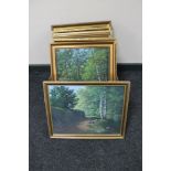A box of nine framed Thomas Clay oil paintings of woodland scenes and still lifes