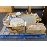 A pallet of four boxes of tea china, glass ware, blue and white meat plate,