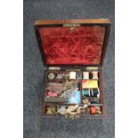 A Victorian brass mounted rosewood workbox and contents