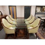 A good quality glass topped twin pedestal dining room table Empire style, length 214 cm,