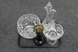 A tray of four pieces of glass ware; comport with matching fruit bowl,