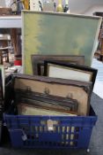 A box of antiquarian and later pictures and prints, gilt framed oil on panel,