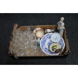A box of Spanish figures, assorted plates, Spode, Victorian tea china,