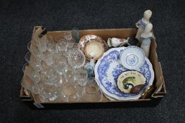 A box of Spanish figures, assorted plates, Spode, Victorian tea china,