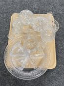 A tray of glass and lead crystal, hurricane lamp, trinket tray, preserve pot,