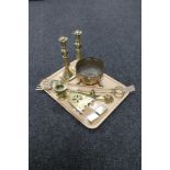 A tray of antique brass, toasting fork, pair of candlesticks, matchbook holders,