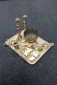 A tray of antique brass, toasting fork, pair of candlesticks, matchbook holders,