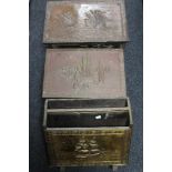 Two antique brass slipper boxes and magazine rack depicting galleons