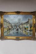 A gilt framed Denys Garle oil on canvas, Winter street scene,