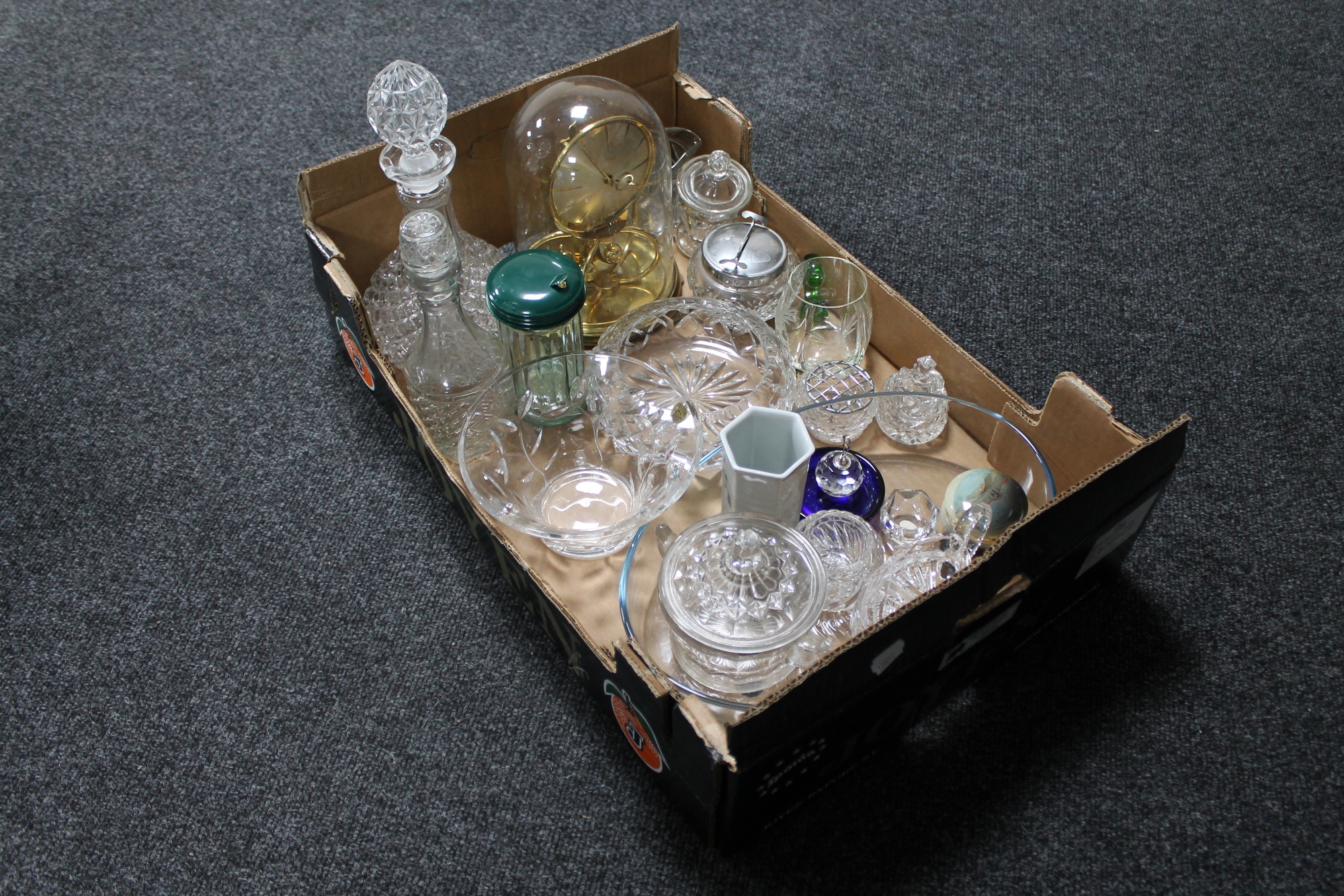 A box of assorted glass ware and lead crystal to include bowls, decanters, preserve pot,