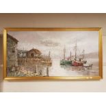 20th century school : boats in a harbour, oil on board, 120 cm x 59 cm, signed Jones.