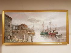 20th century school : boats in a harbour, oil on board, 120 cm x 59 cm, signed Jones.