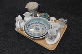 A tray of assorted pottery to include two Coalport Caughley mask head jugs,