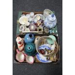 Two boxes of assorted china, oriental tea services, beer steins, blue and white lidded vase,